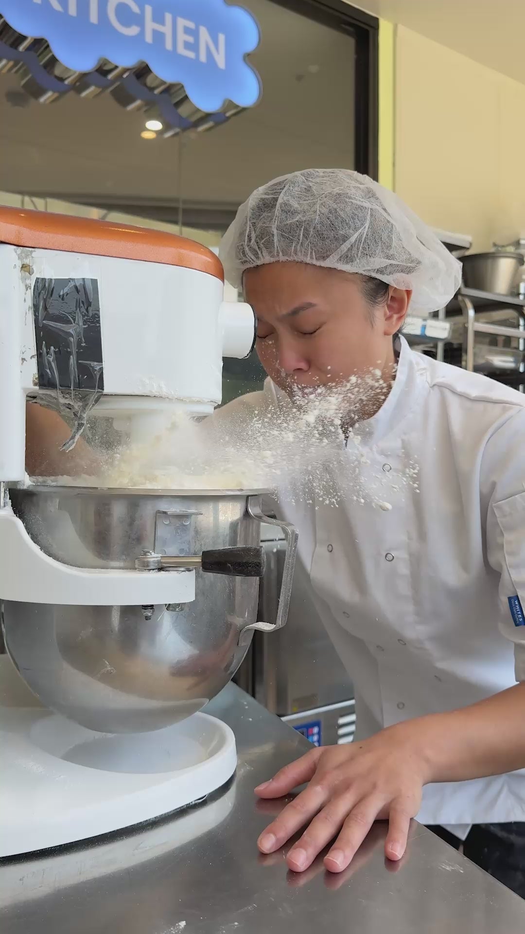 Rose, our head of R&D, in a cloud of flour on Messina Made